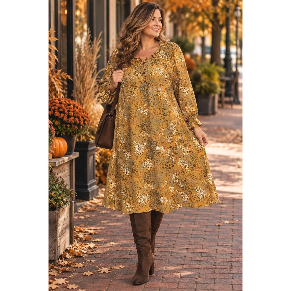 LOFT Plus Dress 18 Mustard Yellow Floral Long Sleeve Boho Cottagecore Midi